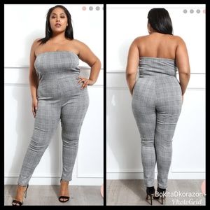 Dolly Plus Size Strapless Glen Plaid Jumpsuit